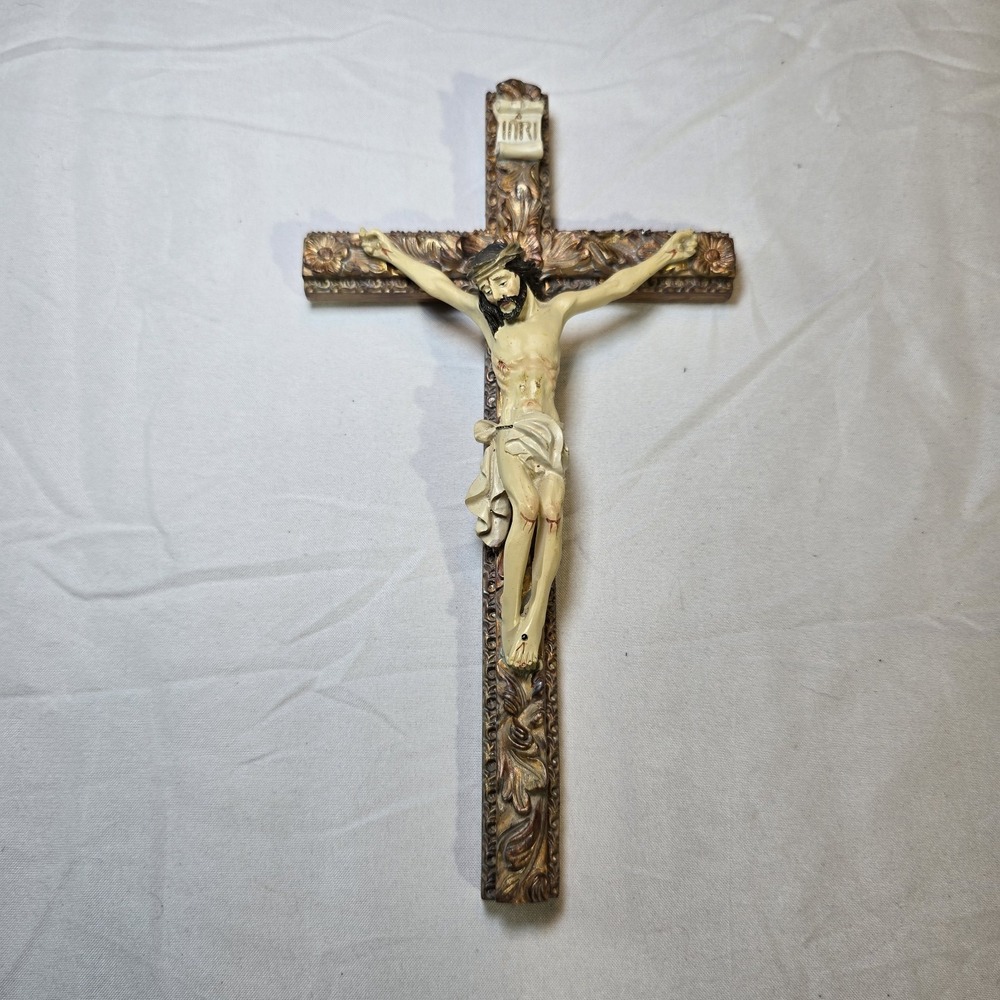 Vintage Wall Crucifix, Ornate Wooden Cross with Resin Corpus, 8" Religious Decor